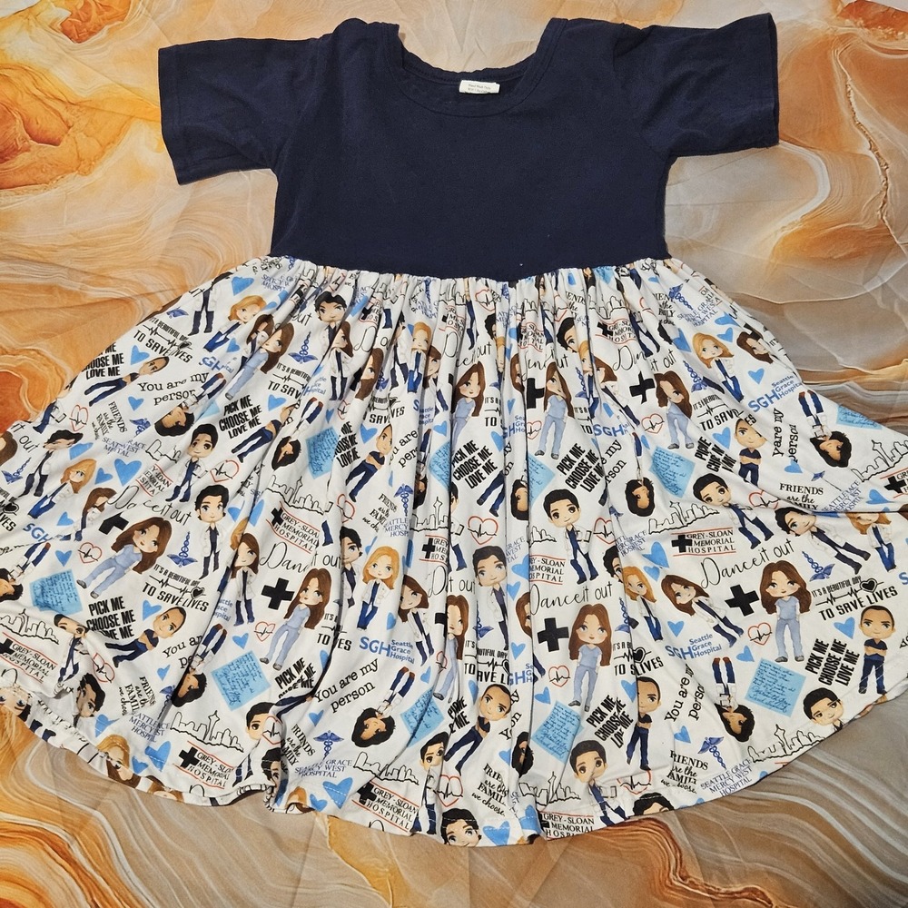 Grey's Anatomy Inspired Girls Twirl Dress Pockets Size 6/7 Medical Doctor